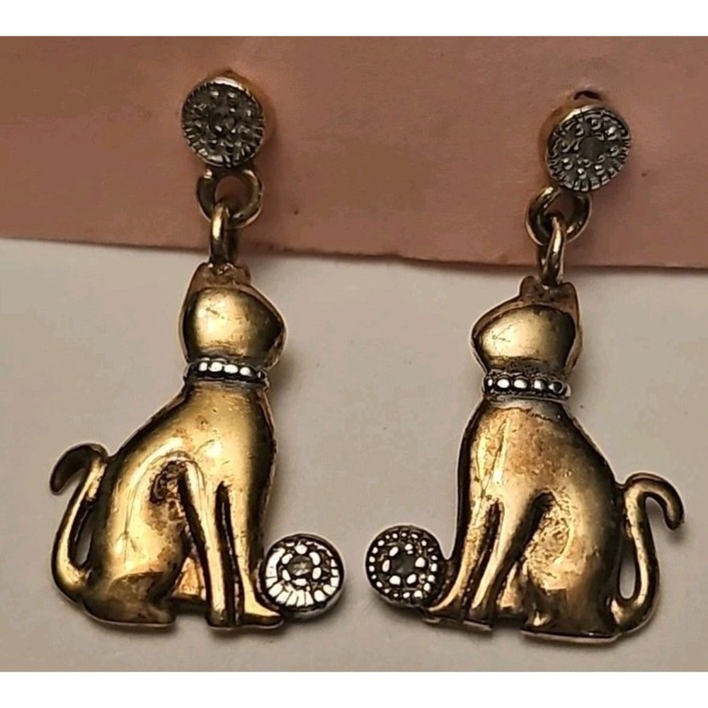925 Sterling Silver Vermeil Diamond Kitty Cat Dangle Earrings Gold Tone